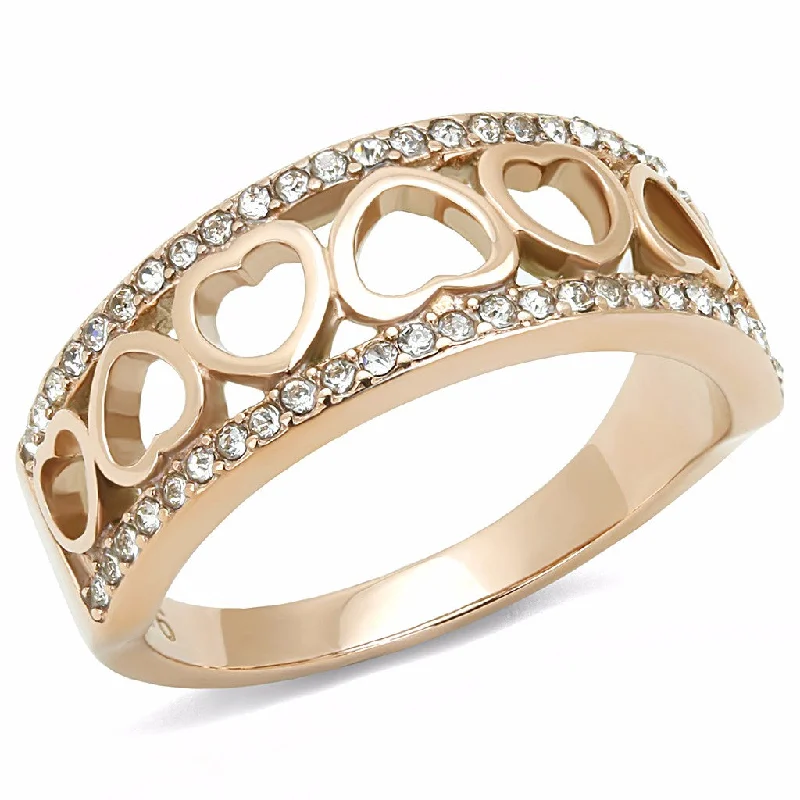 women's rings with matching wedding band -Top Grade Clear Crystal with Heart Link Rose Gold IP Stainless Steel Band