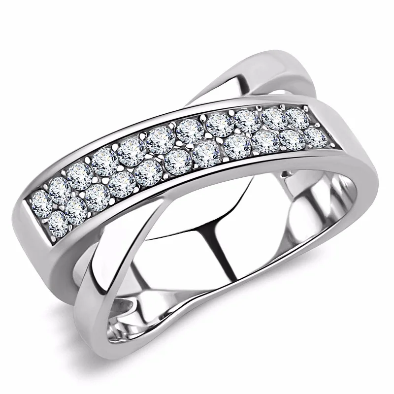 women's rings with emerald-cut diamond -Two Rows Round Cut Set in X Shape Stainless Steel Eternity Band