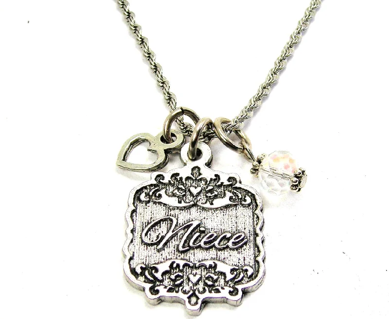 women's necklaces with love pendant -Niece Victorian Scroll With With Open Heart And Crystal 20" Stainless Steel Rope Necklace