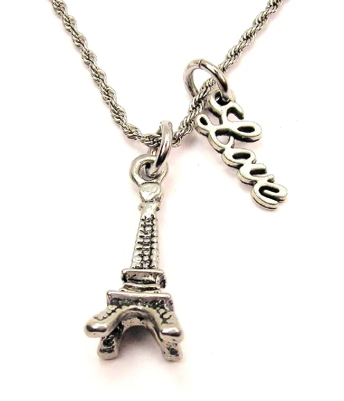 women's necklaces for birthday -Eiffel Tower 20" Chain Necklace With Cursive Love Accent