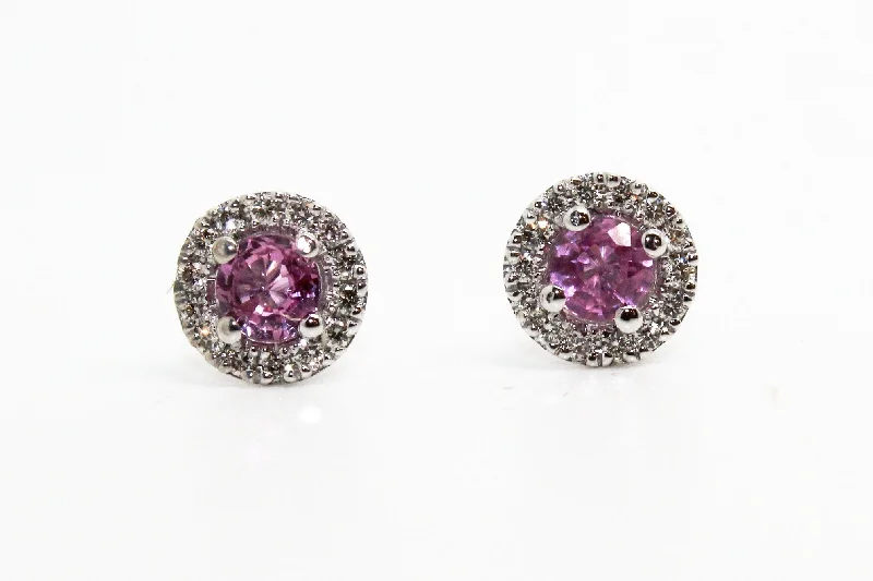 women's earrings with pearl drop -PINK SAPPHIRE AND MICROPAVÉ DIAMOND HALO STUD EARRINGS AD NO.1631