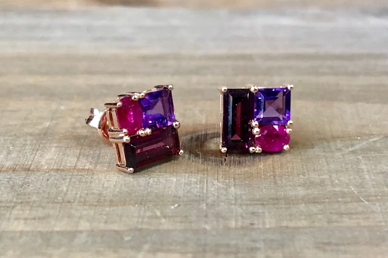 women's earrings with long dangling -Amethyst, Ruby, Tourmaline Cluster Stud