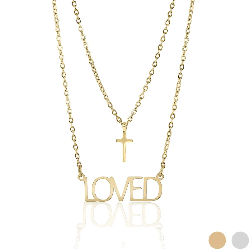 women's necklaces with bold statement -18K Gold PVD Stainless Steel "Loved" Layered Cross Charm Necklace / SBB0324