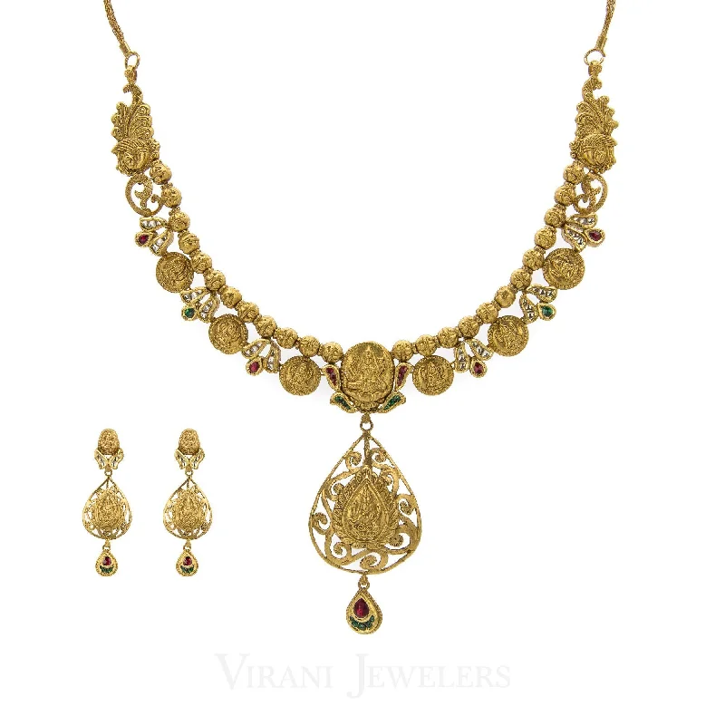 women's earrings for layering -22K Antique Gold Charm Necklac & Drop Earrings Set W/ Ruby, Emerald, and Kundan Stones