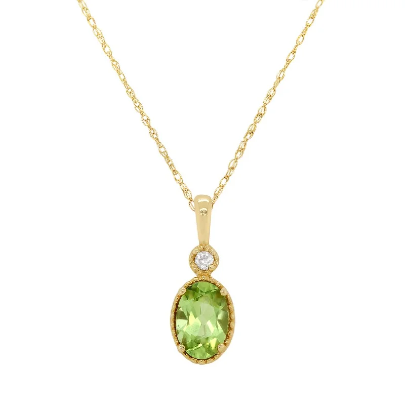 women's necklaces heart-shaped pendant -YELLOW GOLD NECKLACE WITH OVAL PERIDOT PENDANT AND DIAMOND, .01 CT