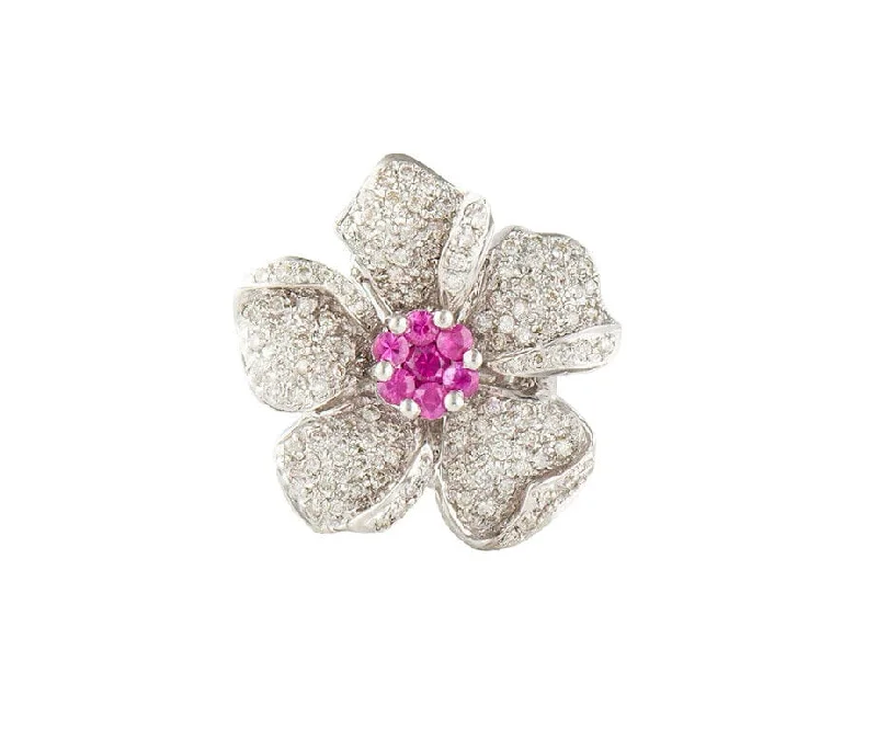 women's rings stackable band -0.60ctw Diamond and 0.32ctw Pink Sapphire Flower Ring in 14K