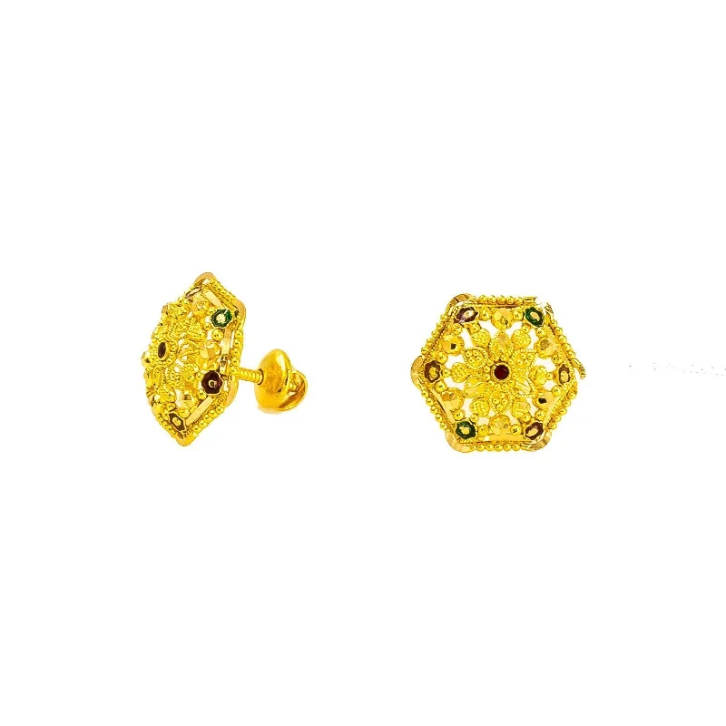 women's earrings with sapphire -22K Yellow Gold Stud Earrings W/ Meenakari Design on Hexagon Shield Frame