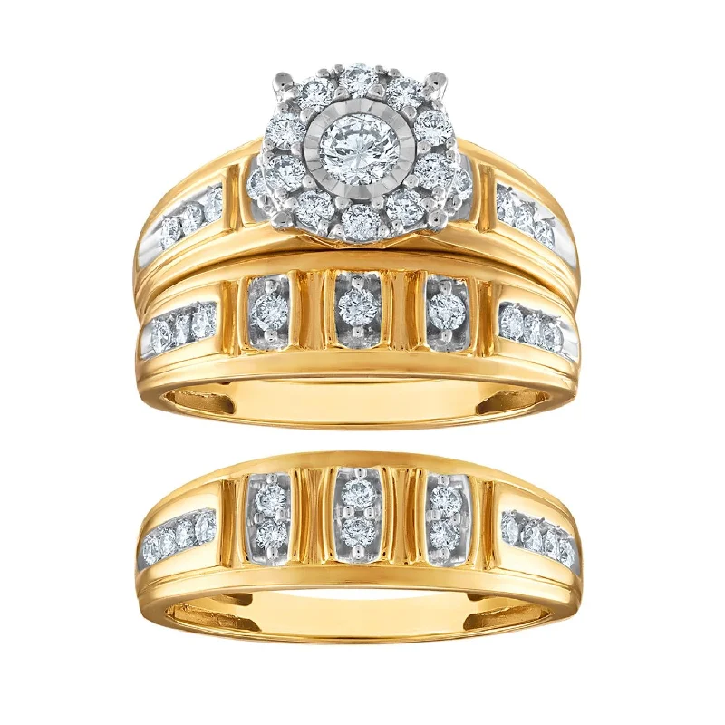 engagement rings with sapphire -1 CTW Diamond Wedding Trio Set in 10KT White and Yellow Gold