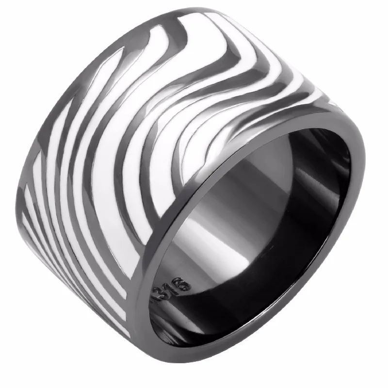 women's rings with birthstone for gifts -Zebra Stripe Light Black IP Stainless Steel 13mm Wide Band