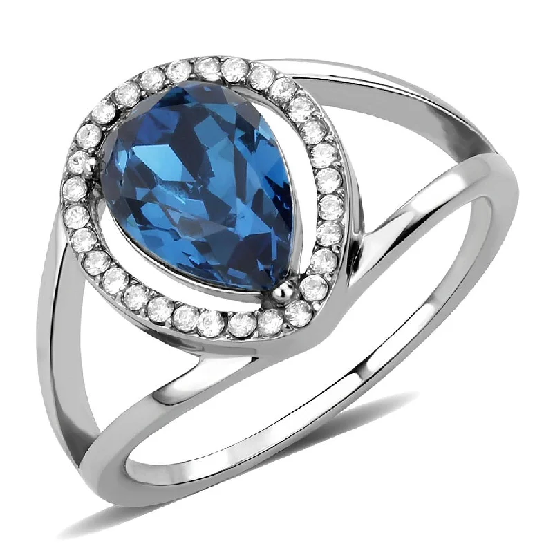 women's rings with birthstone -Montana Blue Pear Cut CZ on Pear Shape Stainless Steel Womens Wedding Thin Band