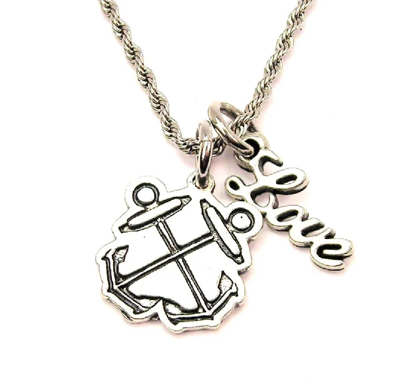 women's necklaces personalized -Boatswain Crossed Anchors 20" Chain Necklace With Cursive Love Accent