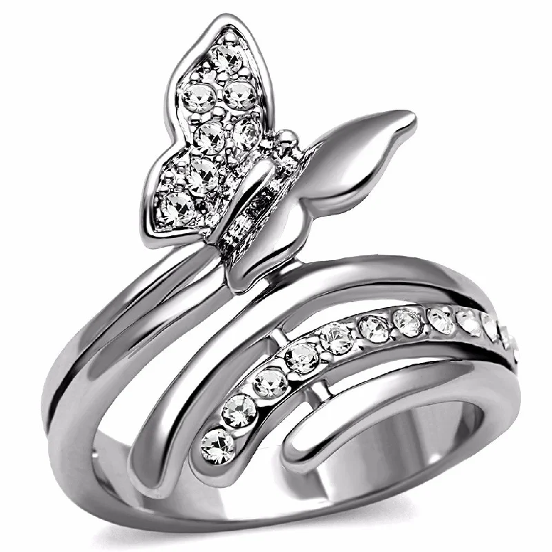 women's rings with engraved initials -Clear CZ set in Butterfly Stainless Steel Wide Band Ring