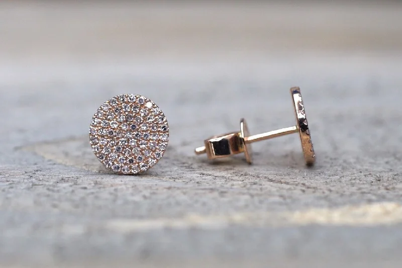 women's earrings with zirconia crystals -14k Rose Gold Pave Set Diamond Disk Disc Circle Round Stud Earring Post Micro