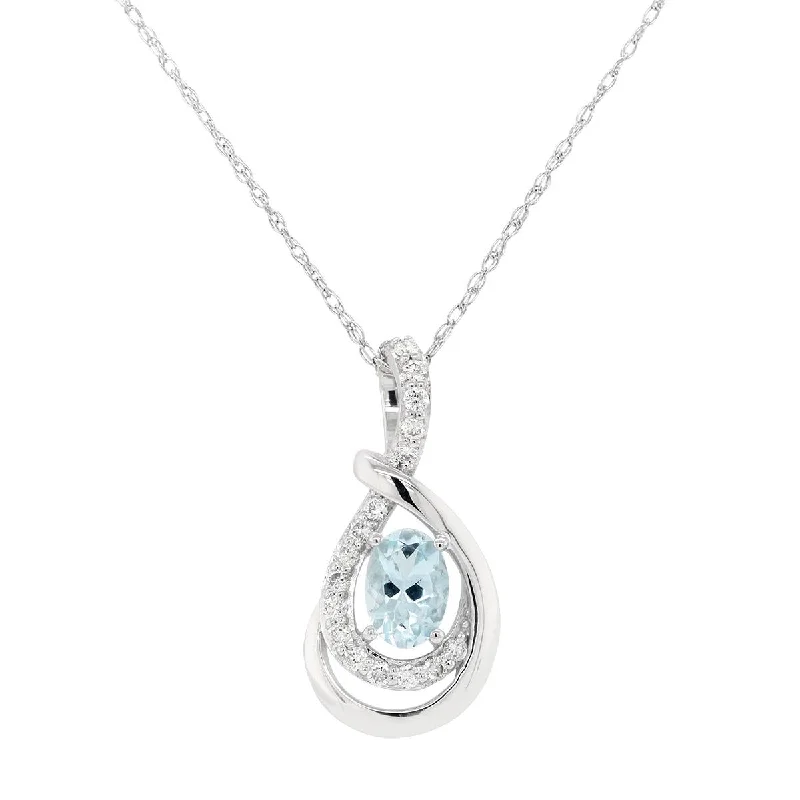 women's necklaces with sapphire pendant -WHITE GOLD OVAL AQUAMARINE AND DIAMOND PENDANT NECKLACE, .13 CT TW