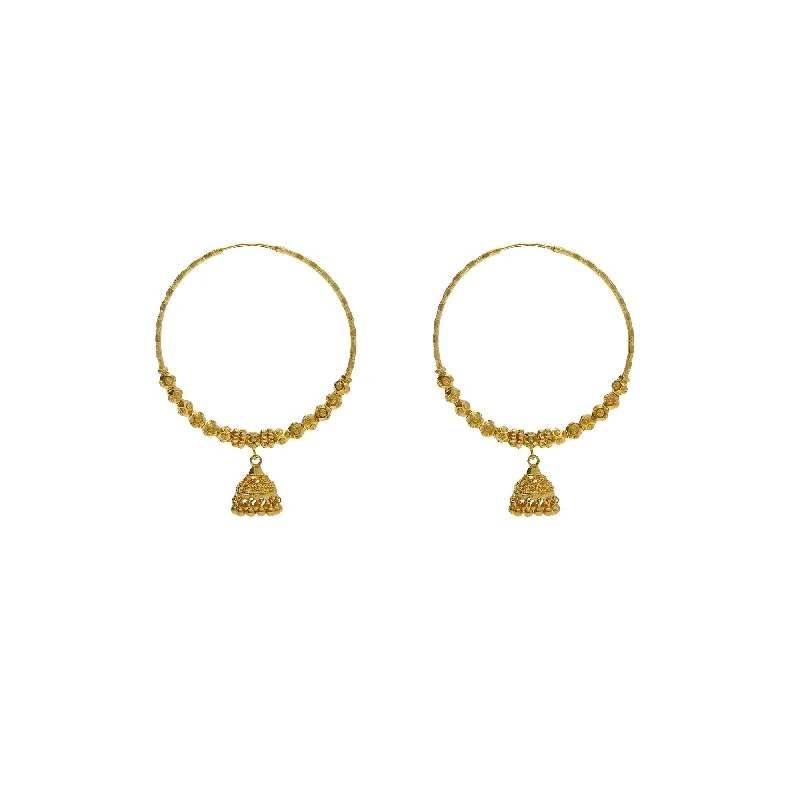 women's earrings long drop -22K Yellow Gold Hoop Earrings W/ Jhumki Drops & Cubed Shambala Beads