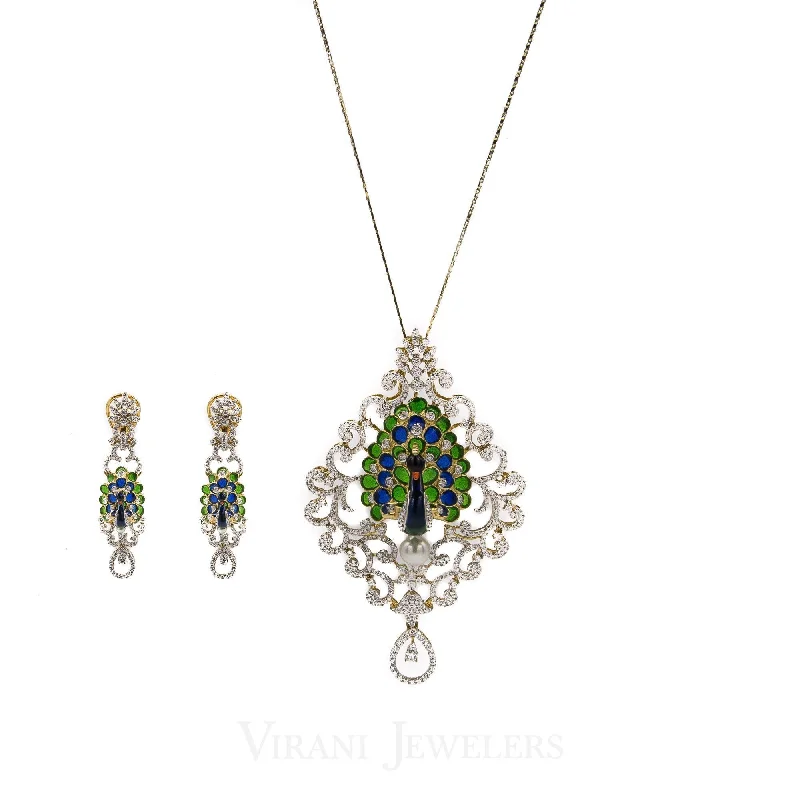 women's earrings delicate design -5.83 CT VVS Diamond Peacock Pendant and Earrings Set in 18K Gold