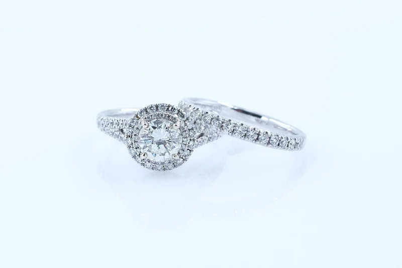 engagement rings with art deco elements -1.9 ct Round Brilliant Cut Double Halo Diamond Wedding Set