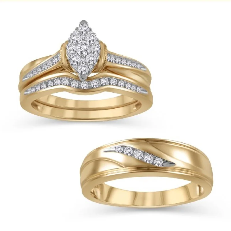 engagement rings with emerald diamond -1/2 CTW Diamond Wedding Trio Set in 14KT Yellow Gold