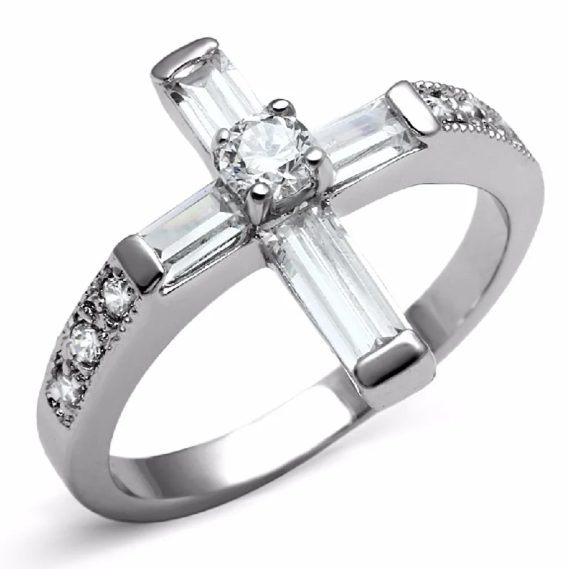 women's rings with large center stone -Clear CZ Set in 316 Stainless Steel Christian Cross Ring