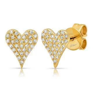 women's earrings for engagement -14K Yellow Gold Diamond Heart Stud Earrings W/ 0.14ct Pave Diamonds