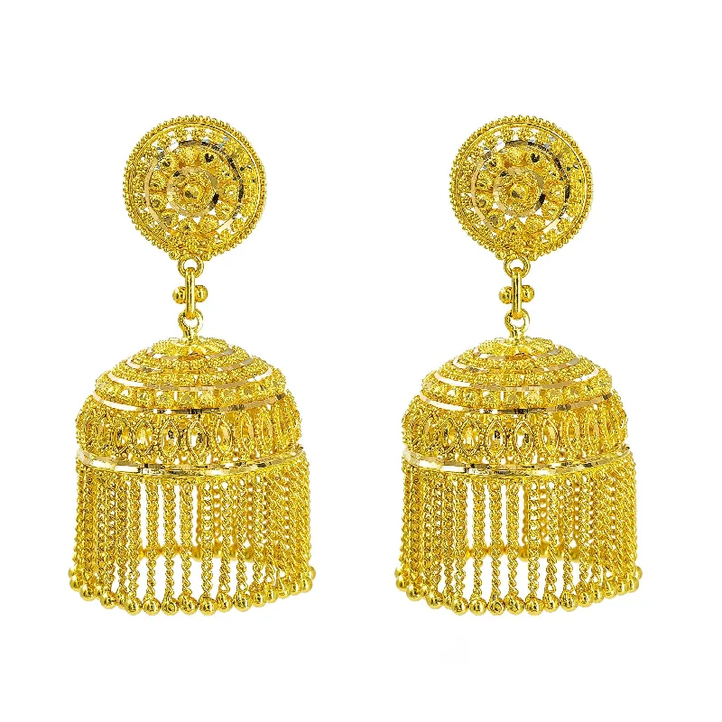 women's earrings with oversized design -22K Yellow Gold Jhumki Earrings W/ Butta, Round Pendant & Hanging Chains