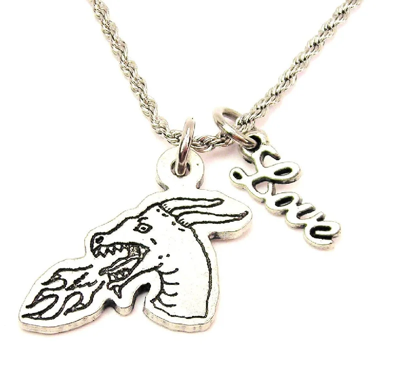 women's necklaces with oval pendant -Fire Breathing Dragon 20" Chain Necklace With Cursive Love Accent