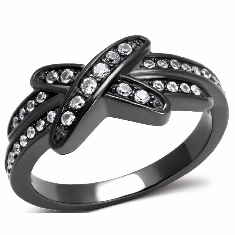 women's rings with diamond accents -Clear CZ on X Cross Light Black IP (IP Gun) Stainless Steel Band