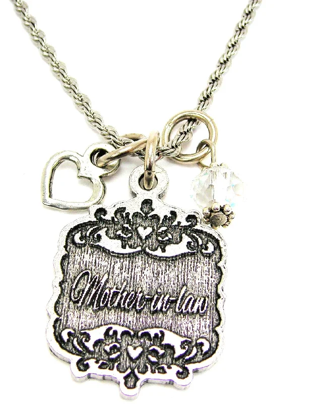 women's necklaces with lock and key -Mother-In-Law Victorian Scroll With With Open Heart And Crystal 20" Stainless Steel Rope Necklace