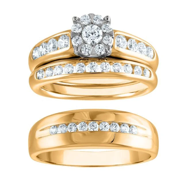 engagement rings with gemstone halo -1-1/4 CTW Diamond Halo Wedding Trio Set in 10KT White and Yellow Gold