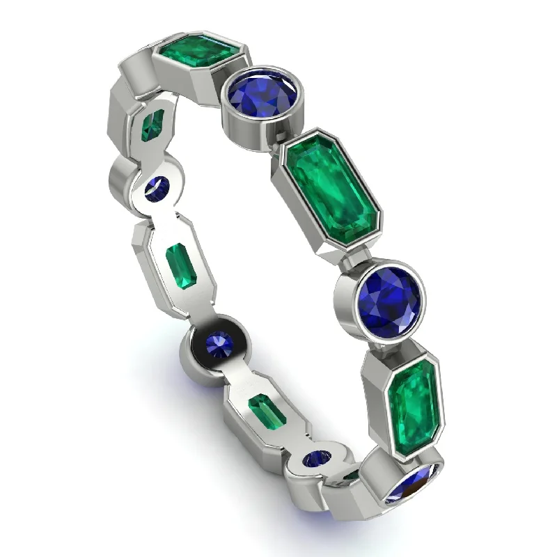 women's rings for bridal sets -Emerald Cut Emerald Bezel Eternity Ring - Genevieve No. 66