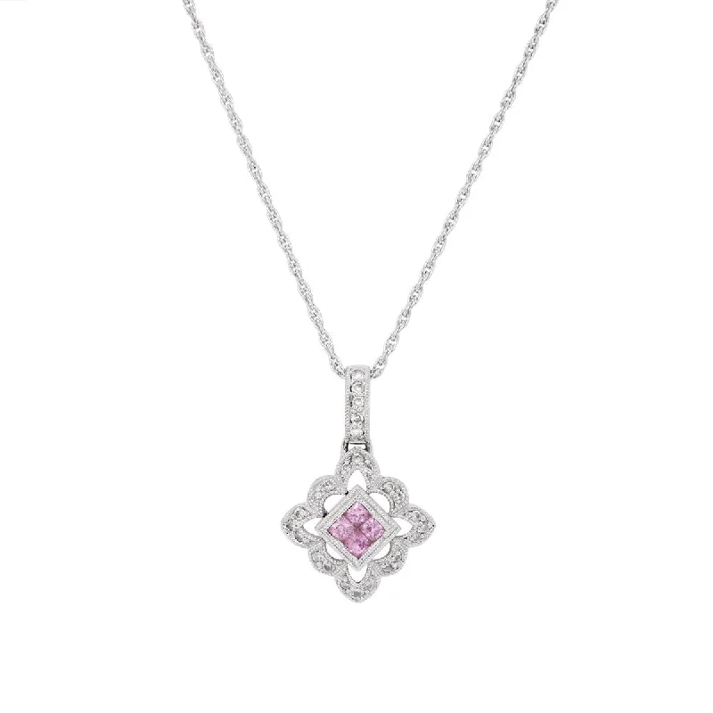 women's necklaces with turquoise stone -WHITE GOLD NECKLACE WITH PINK GEMSTONES AND DIAMONDS, 1/5 CT TW