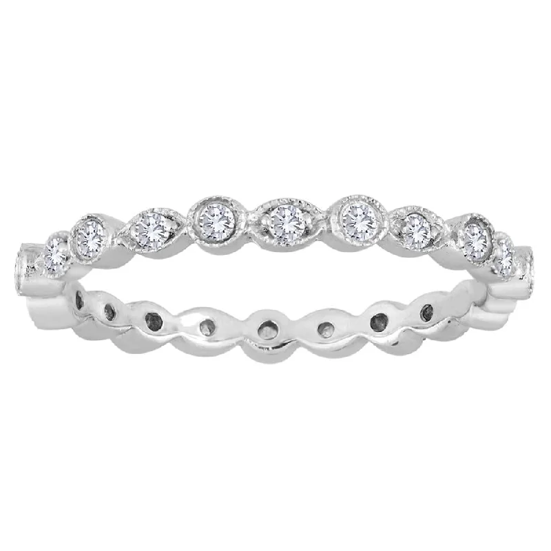 engagement rings with princess cut diamond -Stackable Alternating Bezel & Leaf Diamond Wedding Eternity Band Ring with Milgrain