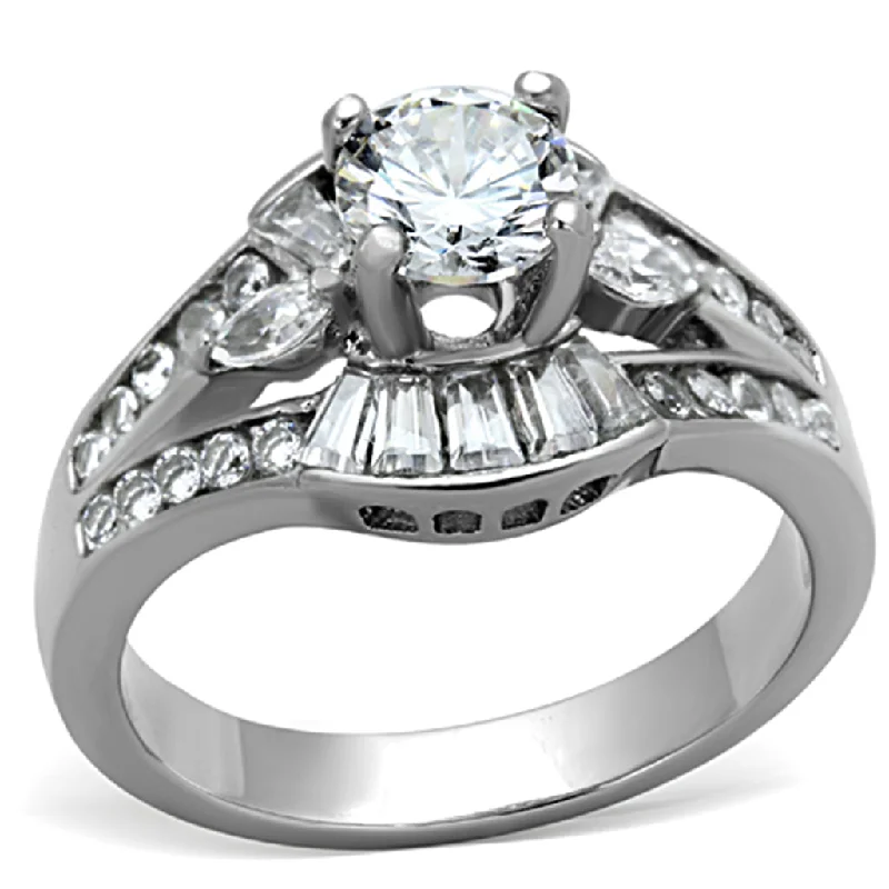 women's rings with sparkling diamonds -5x5mm Round CZ center Multiple-Cut CZ Stainless Steel Ring