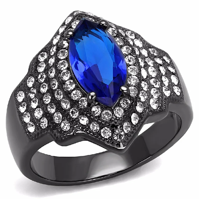 women's rings with diamond sidestones -12x6mm Marquise Cut Royal Blue CZ Light Black IP Stainless Steel Cocktail Ring