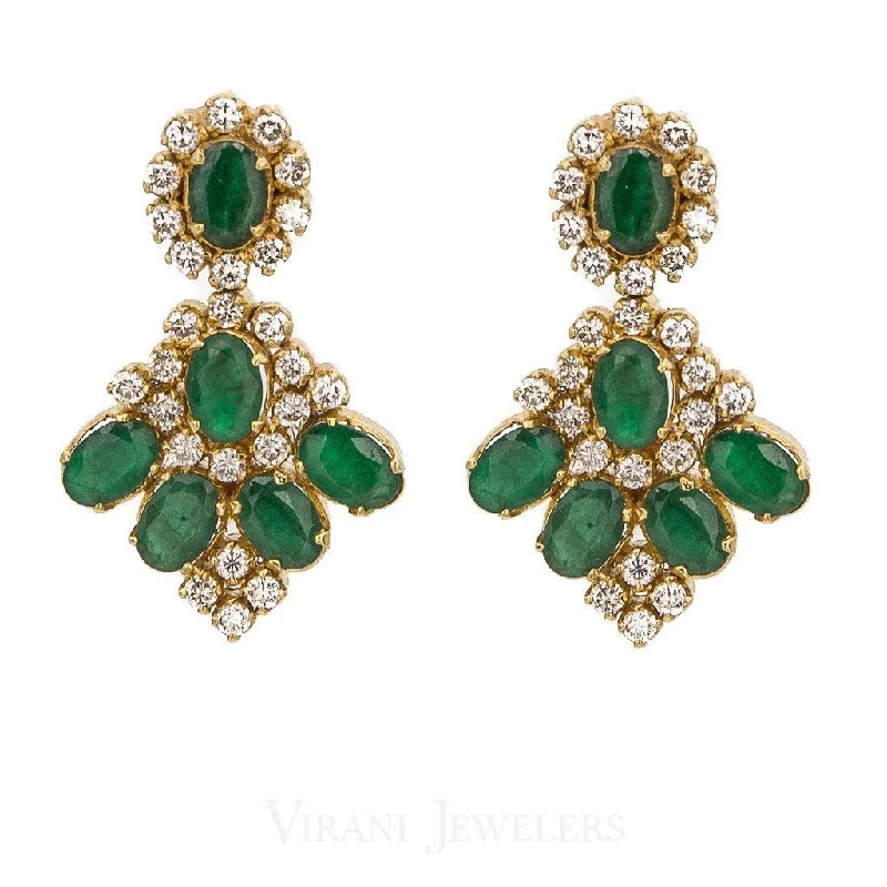 women's earrings classic style -1.12CT Diamond Drop Earrings Set In 18K Yellow Gold W/ Precious Emerald Accents