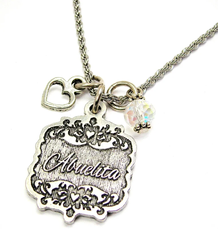 women's necklaces designer brand -Abuelita Victorian Scroll With Open Heart And Crystal 20" Stainless Steel Rope Necklace