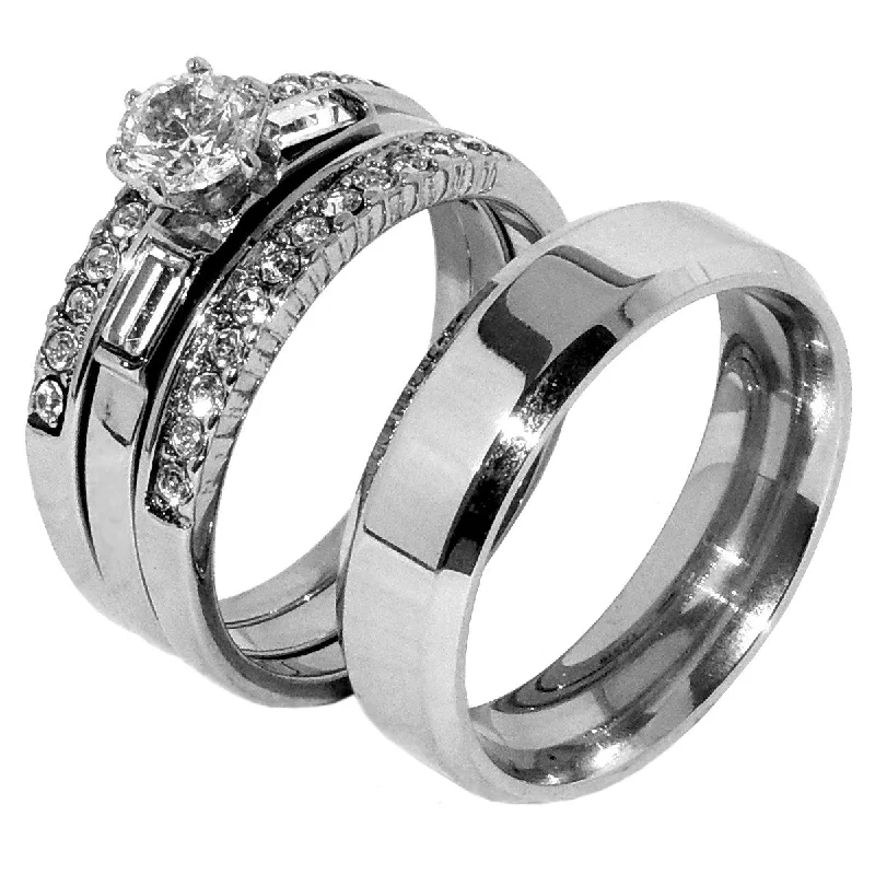 engagement rings for vintage lovers -His Hers 4 PCS Womens Stainless Steel Wedding Set w/ Mens Matching Flat Band