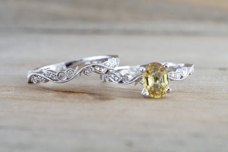 engagement rings with sapphire -Yellow Sapphire Floral Wedding Set