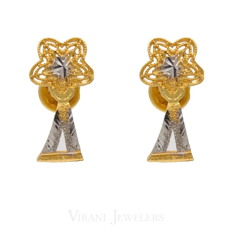 women's earrings for wedding day -22K Yellow & White Gold Stud Earrings W/ Floral & Triangle Fused Shape