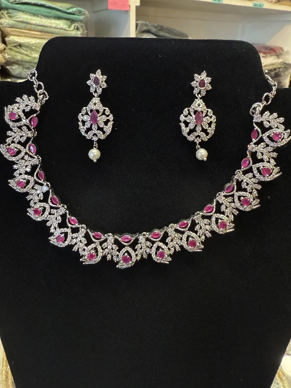 women's necklaces for wedding -Attractive American Diamond Pink Stone Necklace With Earrings