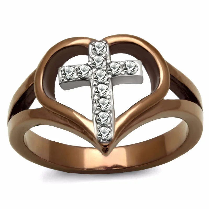 women's rings solitaire -Top Grade Crystal Cross in Heart Two-Tone Light Coffee IP Stainless Steel Ring