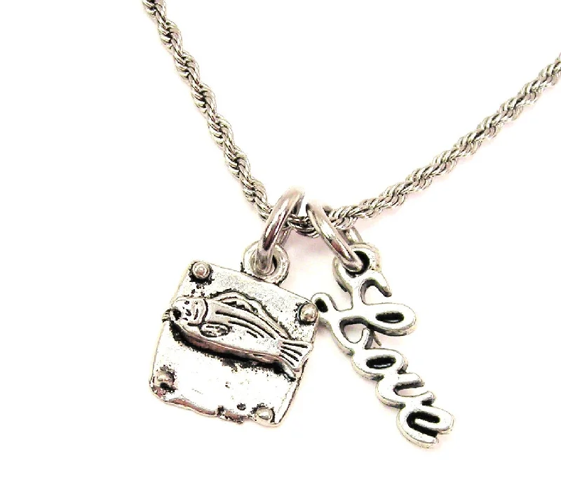 women's necklaces with elegant style -Fish Plaque 20" Chain Necklace With Cursive Love Accent