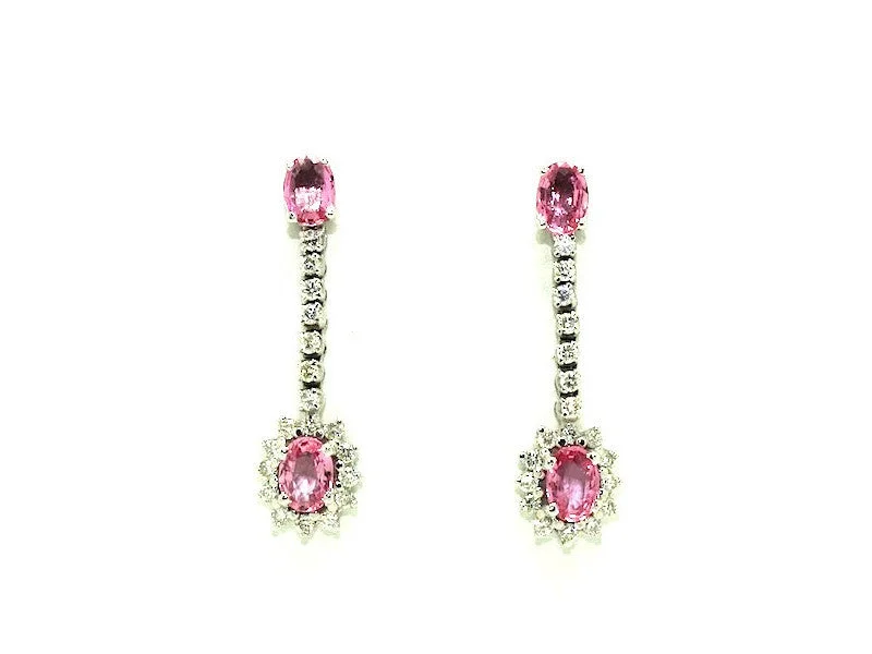 women's earrings with long dangling -Halo Pink Sapphire And Diamond Dangle Earring Ad No. 0790