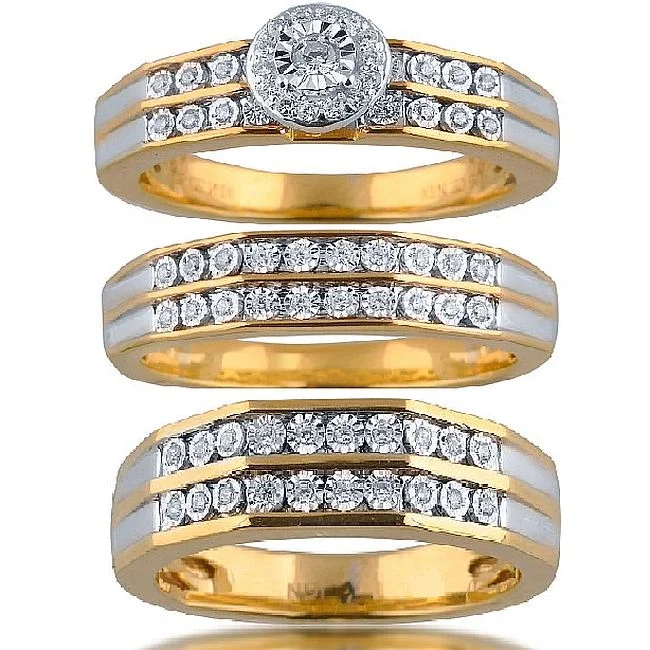 engagement rings with three stones -3/8 CTW Diamond Halo Wedding Trio Set in 10KT White and Yellow Gold