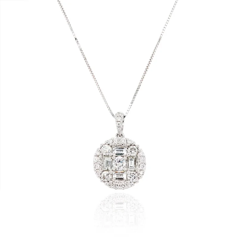 women's necklaces with dragonfly charm -WHITE GOLD DIAMOND CLUSTER PENDANT NECKLACE WITH BAGUETTE AND ROUND DIAMONDS, 1.18 CT TW