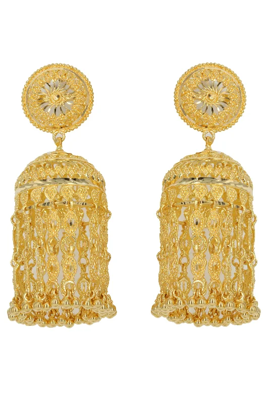 women's earrings with layered look -22K Yellow Gold Sun Jhumki Earrings W/ Fringe