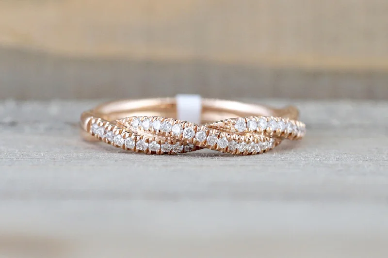 engagement rings with gemstones -14k Rose Gold Solid Dainty Diamond Rope Design Band Wedding Anniversary Love Ring Band Vintage Thin