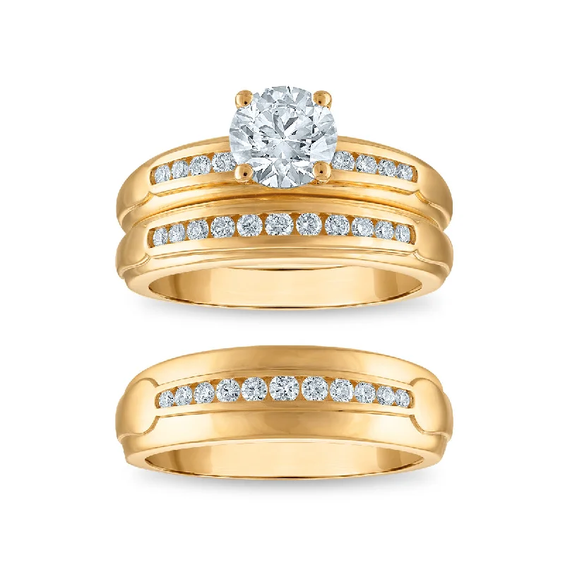 engagement rings with wedding band set -EcoLove 1-1/2 CTW Lab Grown Diamond Wedding Trio Set in 10KT Yellow Gold