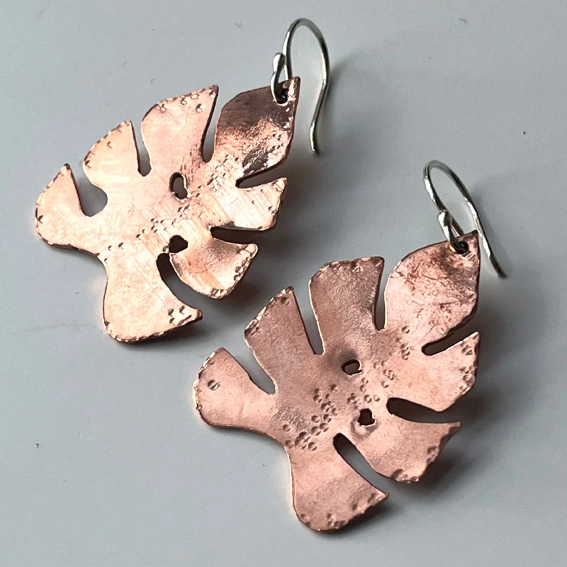 women's earrings with ruby -Breadfruit Leaf Copper and Silver Dangle Earring - Tropical Leaf - Nickel-Free Hypoallergenic