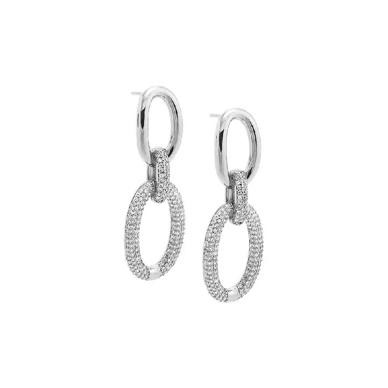 women's earrings with antique finish -Silver Solid/Pave Open Circle Drop Stud Earrings